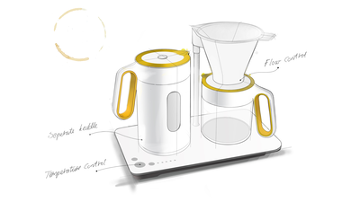 A conceptual sketch of a kitchen appliance, possibly a blender or food processor, with a modern design. The main body is cylindrical with two prominent handles on the sides and a funnel-like top with an opening labeled ‘Flour Control.’ There is an additional separate kettle-like object to the left side of the main body, labeled ‘Temperature Control.’ The base appears to be a flat platform that connects both components. The sketch is colored with shades of white and yellow highlights, and there are some loose yellow circular sketches in the background.